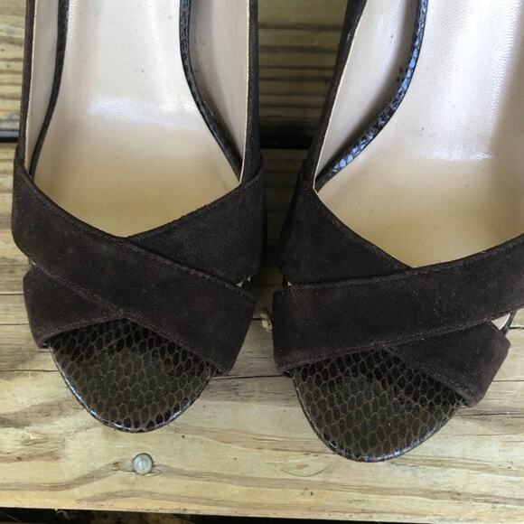 Franco Sarto Dark Brown Peep Toe Heels Valita Women 7M Shoes Suede Pump READ - Picture 7 of 11